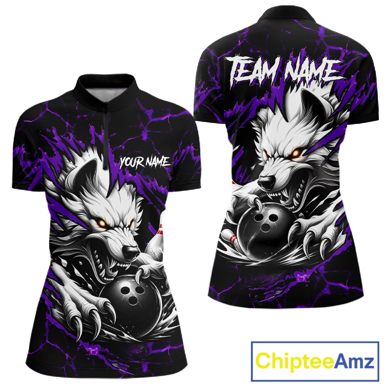 Black and purple custom wolf bowling team jersey quarter zip shirt for women featuring bold wolf artwork, premium custom bowling apparel.