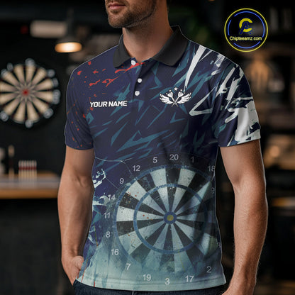 Blue Geometric Darts Shirt With Pocket Option Custom Men's Darts Jersey TDM5363