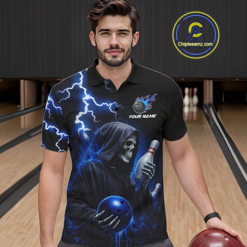 Blue Grim Reaper Bowling Shirt For Men Custom Lightning Team League Bowling Jersey Polo & 1/4 Zip TDM5854