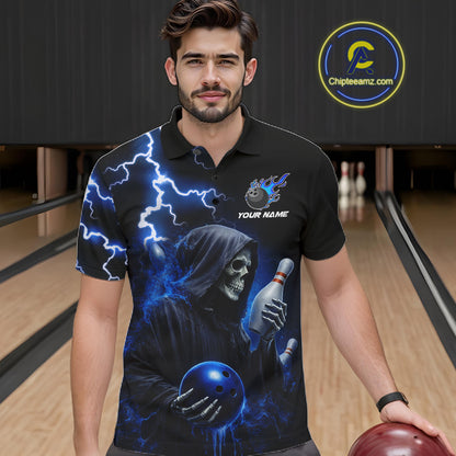 Blue Grim Reaper Bowling Shirt For Men Custom Lightning Team League Bowling Jersey Polo & 1/4 Zip TDM5854