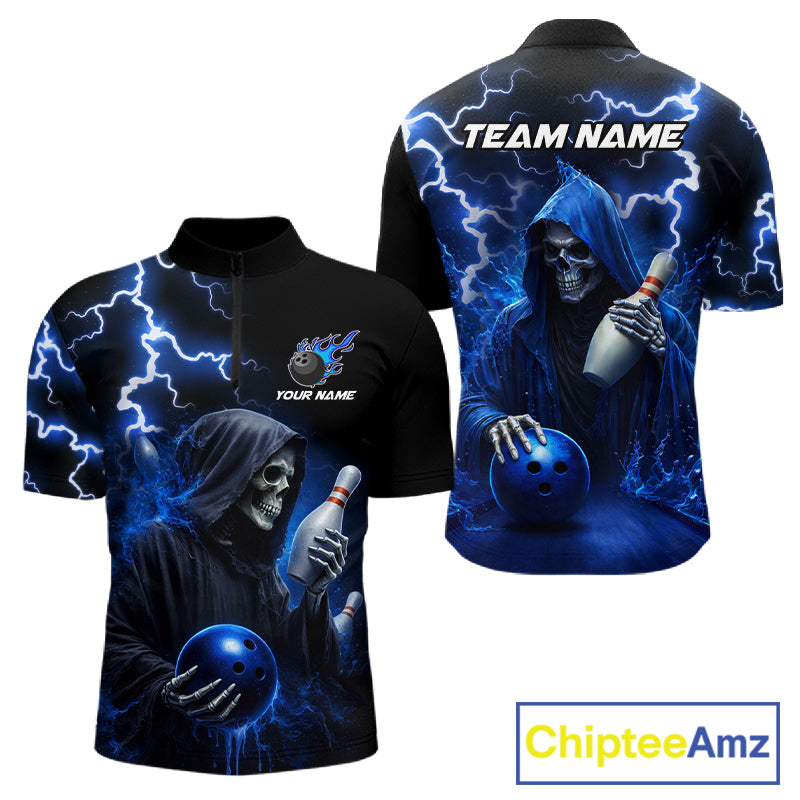 Blue Grim Reaper Bowling Shirt For Men Custom Lightning Team League Bowling Jersey Polo & 1/4 Zip TDM5854
