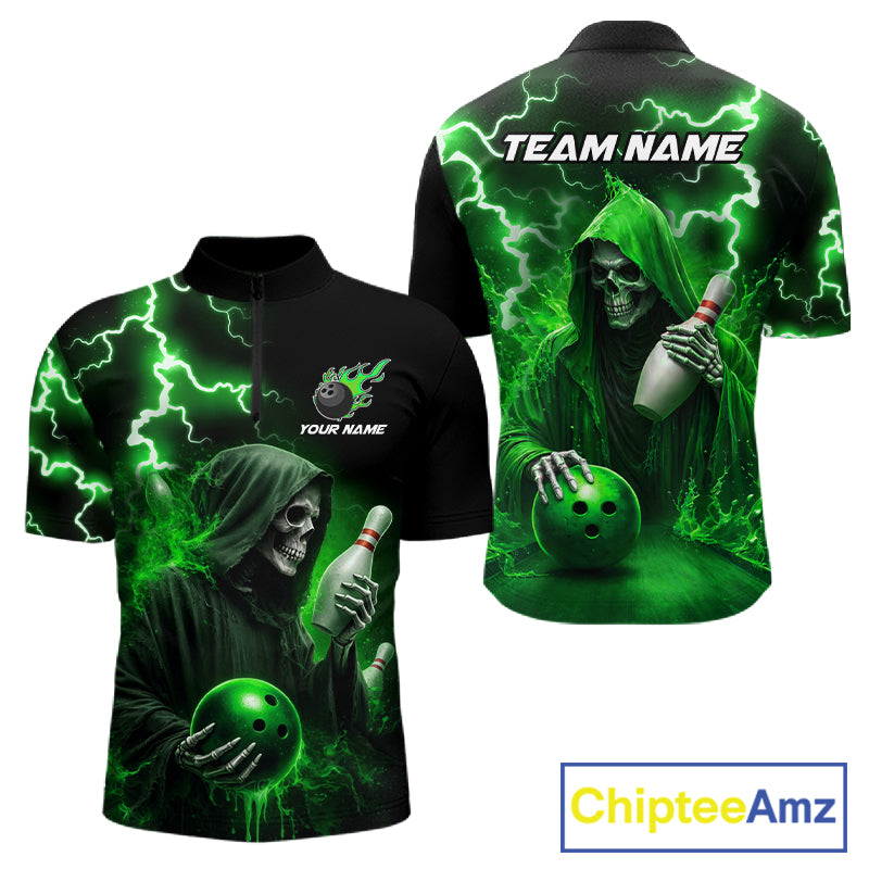 Green Grim Reaper Bowling Shirt For Men Custom Lightning Team League Bowling Jersey Polo, 1/4 Zip TDM5855