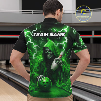 Green Grim Reaper Bowling Shirt For Men Custom Lightning Team League Bowling Jersey Polo, 1/4 Zip TDM5855