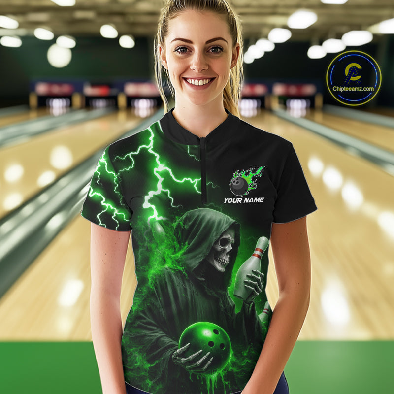 Green Grim Reaper Bowling Shirt For Women Custom Lightning Team League Bowling Jersey Polo, 1/4 Zip TDM5855