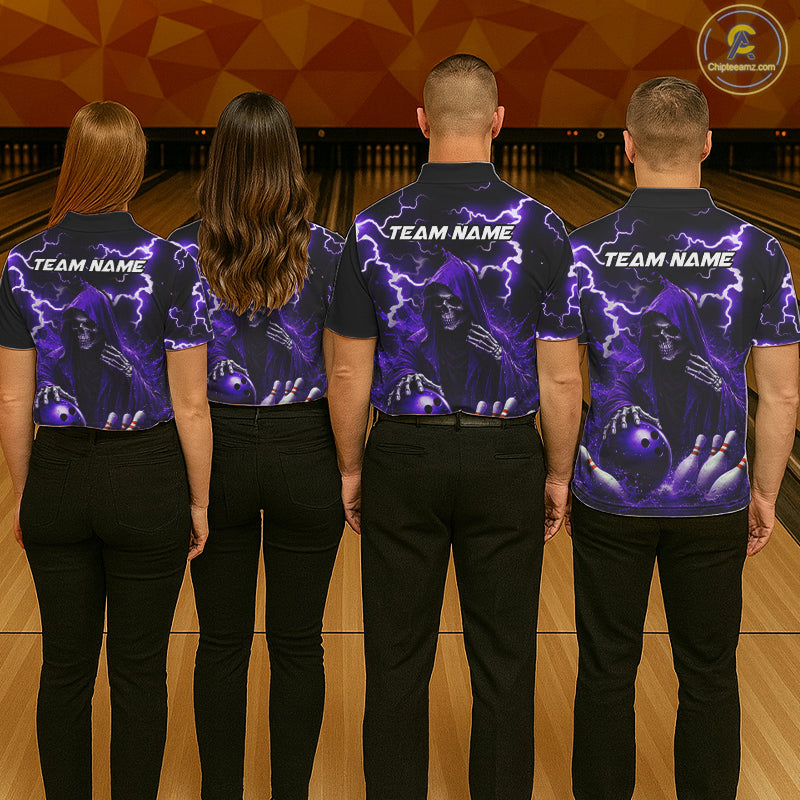 Purple Grim Reaper Bowling Shirt For Men Custom Lightning Bowling Jersey Team Polo & 1/4 Zip TDM5857