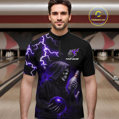 Purple Grim Reaper Bowling Shirt For Men Custom Lightning Bowling Jersey Team Polo & 1/4 Zip TDM5857