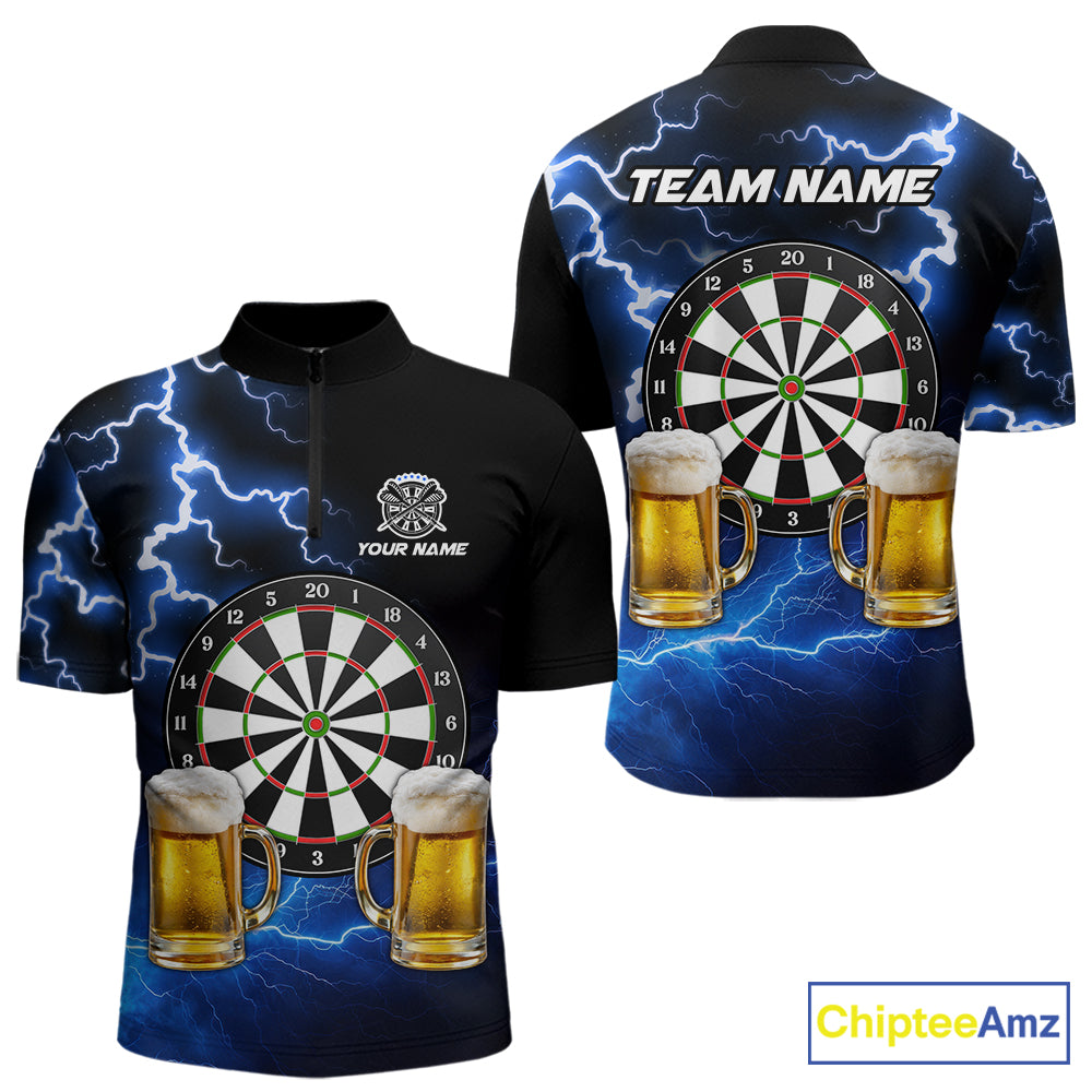 Blue Funny Beer Darts Shirt For Men Custom Lightning Darts Jersey Team Polo & 1/4 Zip TDM5858