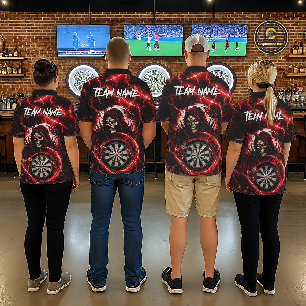 Red Grim Reaper Skull Thunder Lightning Darts Shirt For Women Custom Darts Jersey Team Polo & 1/4 Zip TDM6467