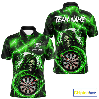 Green Grim Reaper Skull Thunder Lightning Darts Shirt For Men Custom Darts Jersey Polo & 1/4 Zip TDM6469