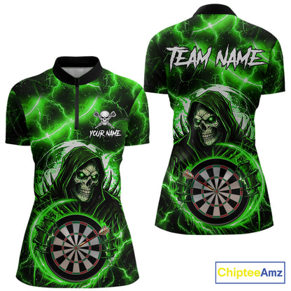 Green Grim Reaper Skull Thunder Lightning Darts Shirt For Women Custom Darts Jersey Polo & 1/4 Zip TDM6469