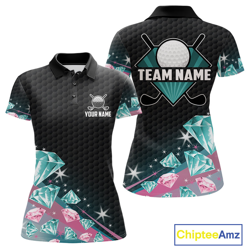 Funny Pink And Turquoise Diamonds Women Golf Polo Shirts Custom Team Golf Shirt, Golfing Gifts TDM6471
