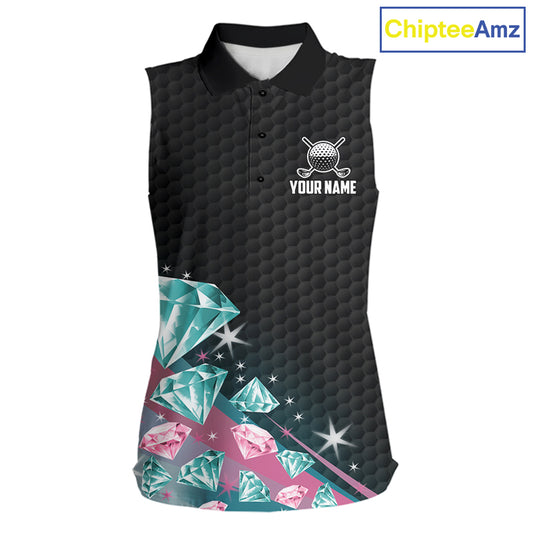 Women's Sleeveless Golf Polo Shirt Funny Pink And Turquoise Diamonds Custom Name Golf Shirts TDM6471