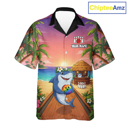 Funny Shark Sunset Tropical Hawaiian Bowling Shirts For Men Women Custom Bowling Team Jersey TDM6472