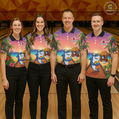 Funny Shark Sunset Tropical Bowling Shirts For Women Custom Bowling Polo & 1/4 Zip, Bowling Gifts TDM6472