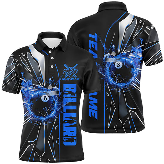 Personalized Blue Glass Crack 8 Ball Billiard Men Polo & Quarter-Zip Shirts, 8 Ball Pool Jerseys TDM1735