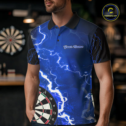 Man wearing custom blue lightning darts polo shirt front view.