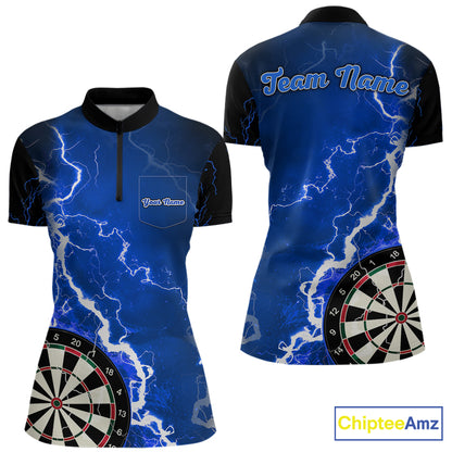Custom blue lightning darts quarter zip shirt with left chest pocket for women, personalized darts team jersey.