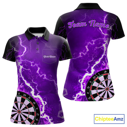 Custom purple lightning darts team jersey polo shirt with left chest pocket for women, personalized lightning dart league shirt.