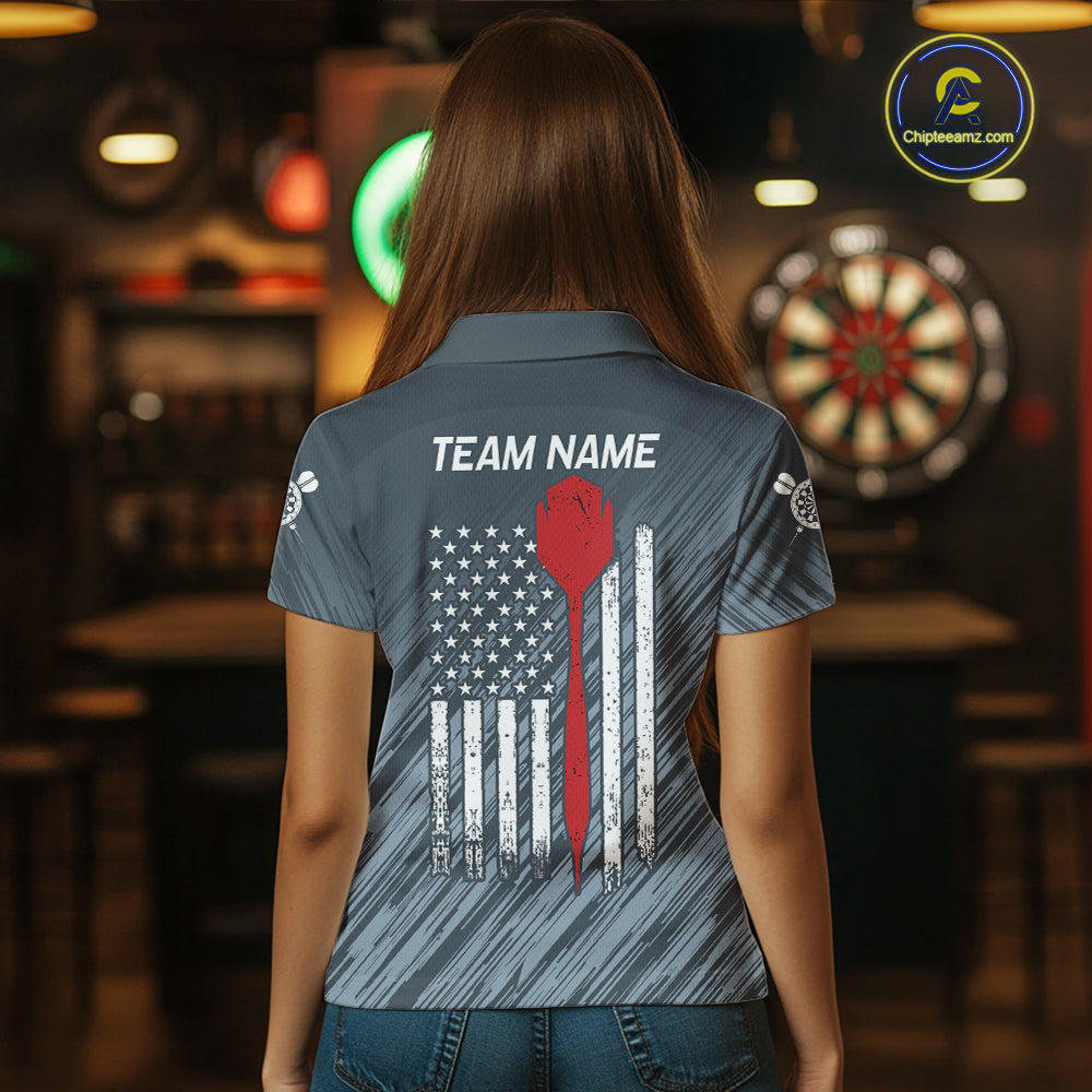 American Flag Grey Grunge Darts Shirt For Women Custom Patriotic Darts Jersey Team Polo & 1/4 Zip TDM5385