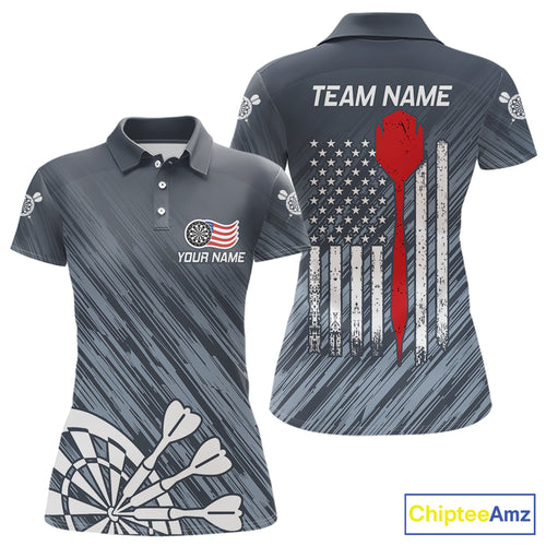 American Flag Grey Grunge Darts Shirt For Women Custom Patriotic Darts Jersey Team Polo & 1/4 Zip TDM5385