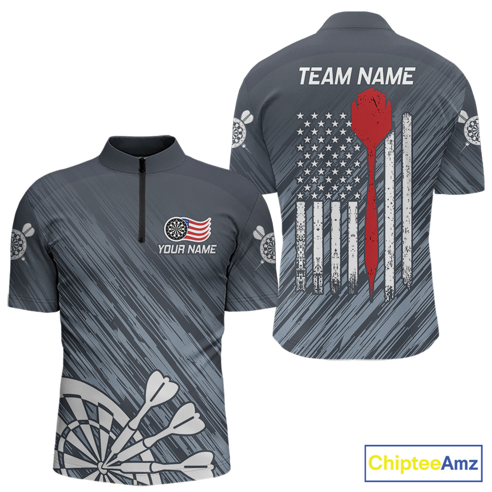 American Flag Grey Grunge Darts Shirt For Men Custom Patriotic Darts Jersey Team Polo & 1/4 Zip TDM5385