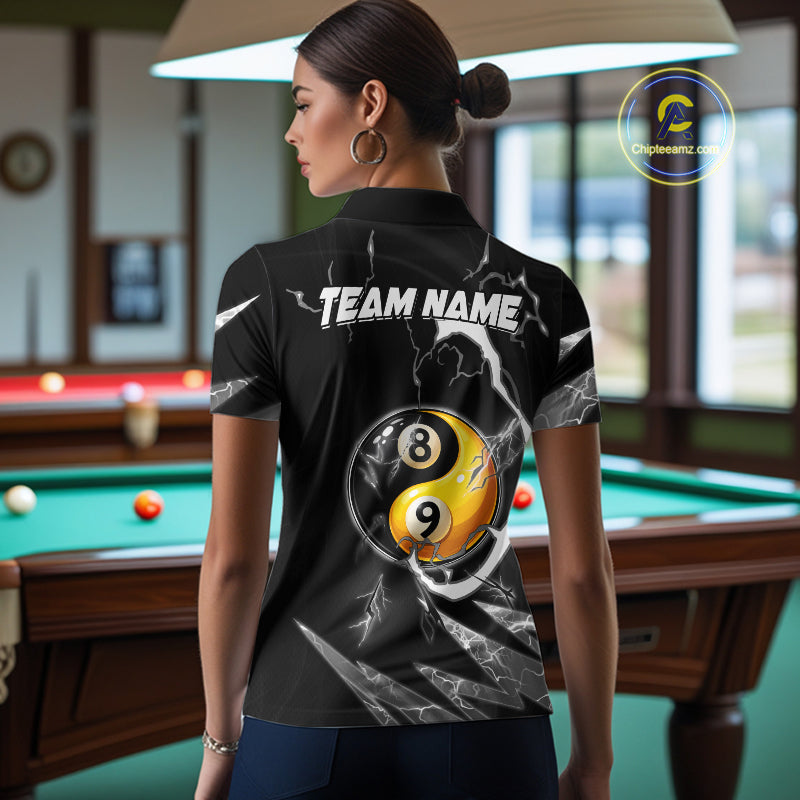Personalized White Black 8 Ball 9 Ball Yin-Yang Billiard Shirt For Women, Lightning Pool Team Jersey TDM5879
