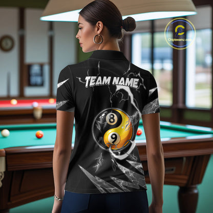 Personalized White Black 8 Ball 9 Ball Yin-Yang Billiard Shirt For Women, Lightning Pool Team Jersey TDM5879