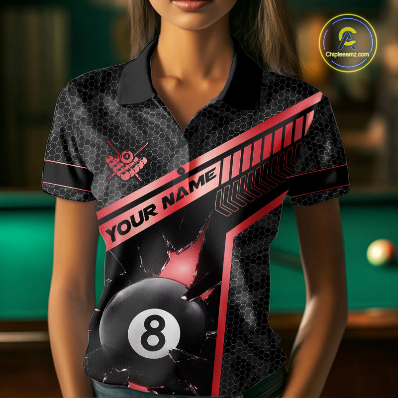 Black And Red 8 Ball Break Glass Billiard Shirt For Women Custom Pool Team Jersey Polo & 1/4 Zip TDM6253