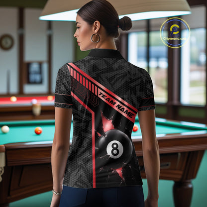 Black And Red 8 Ball Break Glass Billiard Shirt For Women Custom Pool Team Jersey Polo & 1/4 Zip TDM6253
