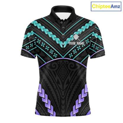 Custom teal and purple tribal 9 ball pool billiard team jersey polo shirt for men, personalized pool league apparel and tournament jersey.