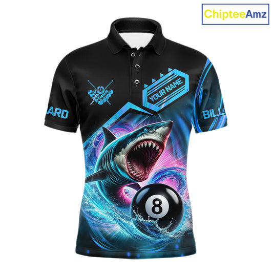 Blue 8 ball pool billiard shark team jersey polo shirt for men featuring a fierce shark and 8 ball design, premium custom billiard league apparel.