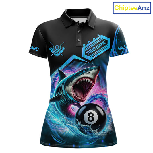 Blue 8 ball pool billiard shark team jersey polo shirt for women featuring a fierce shark and 8 ball design, premium custom billiard league apparel.