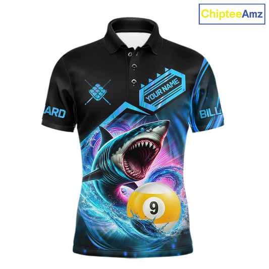 Blue 9 ball pool billiard shark team jersey polo shirt for men featuring a fierce shark and 9 ball design, premium custom billiard league apparel.