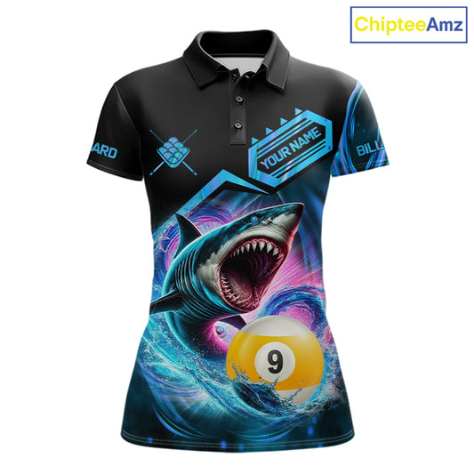 Blue 9 ball pool billiard shark team jersey polo shirt for women featuring a fierce shark and 9 ball design, premium custom billiard league apparel.