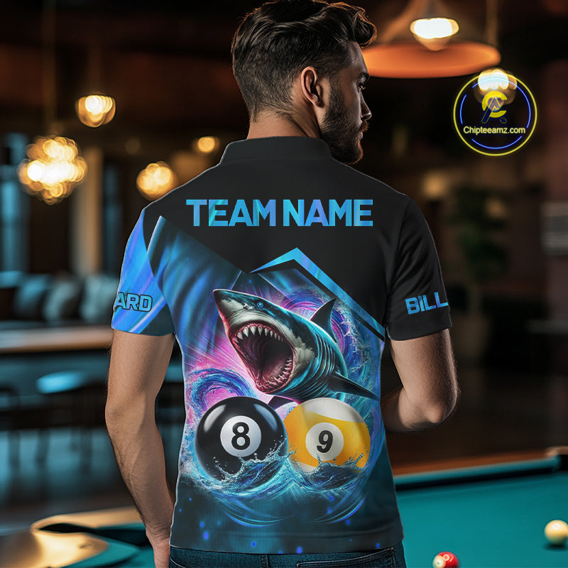 Man wearing blue 8 ball and 9 ball pool billiard shark team jersey featuring shark, 8 ball and 9 ball artwork, back view.