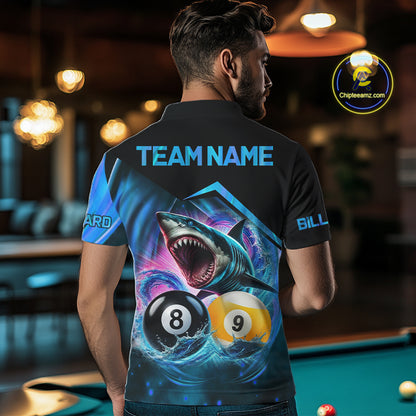 Man wearing blue 8 ball and 9 ball pool billiard shark team jersey featuring shark, 8 ball and 9 ball artwork, back view.