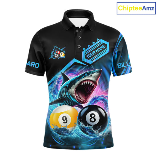 Blue 8 ball and 9 ball pool billiard shark team jersey polo shirt for men featuring a fierce shark with 8 ball and 9 ball design, premium custom billiard league apparel.