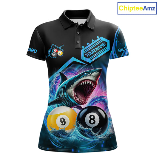 Blue 8 ball and 9 ball pool billiard shark team jersey polo shirt for women featuring a fierce shark with 8 ball and 9 ball design, premium custom billiard league apparel.