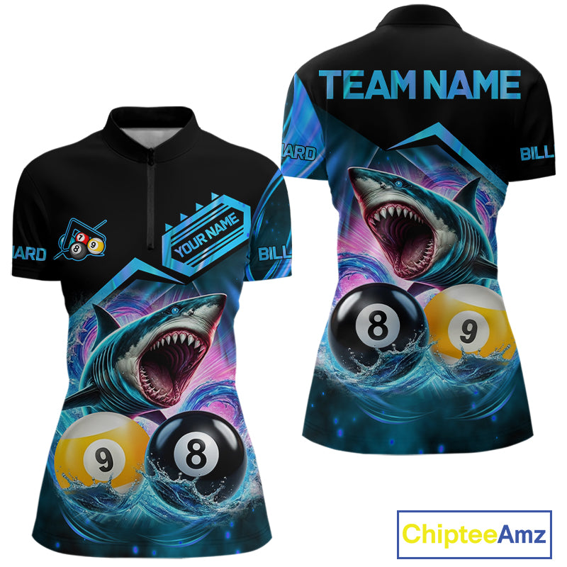 Blue 8 ball and 9 ball pool billiard shark team jersey quarter zip shirt for women featuring shark, 8 ball and 9 ball artwork, premium custom billiard apparel.