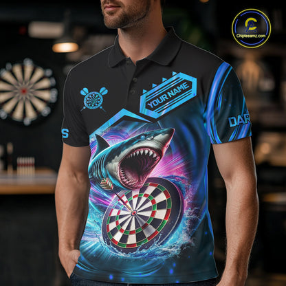 Man wearing personalized blue dartboard shark darts team jersey featuring blue shark and dartboard artwork, front view.