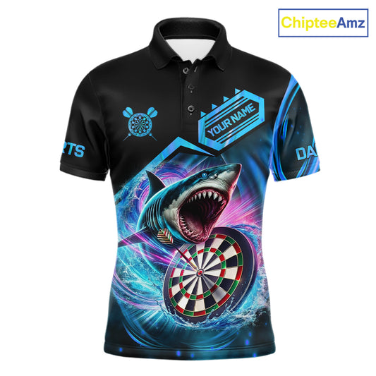 Personalized blue dartboard shark darts team jersey polo shirt for men featuring a fierce shark and dartboard design, premium custom team league darts apparel.