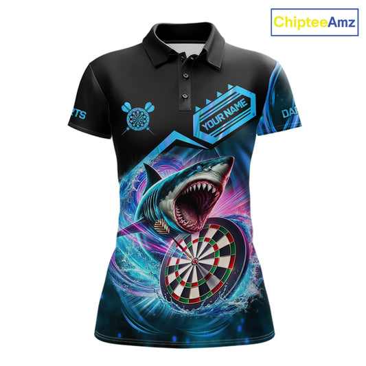 Personalized blue dartboard shark darts team jersey polo shirt for women featuring a fierce shark and dartboard design, premium custom team league darts apparel.