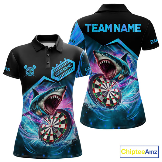 Personalized blue dartboard shark darts team jersey polo shirt for women featuring a fierce shark and dartboard design, premium custom team league darts apparel.