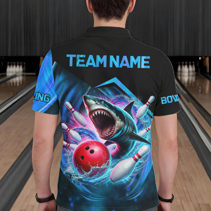 Man wearing personalized blue glowing shark bowling team jersey polo shirt featuring glowing shark artwork, back view.