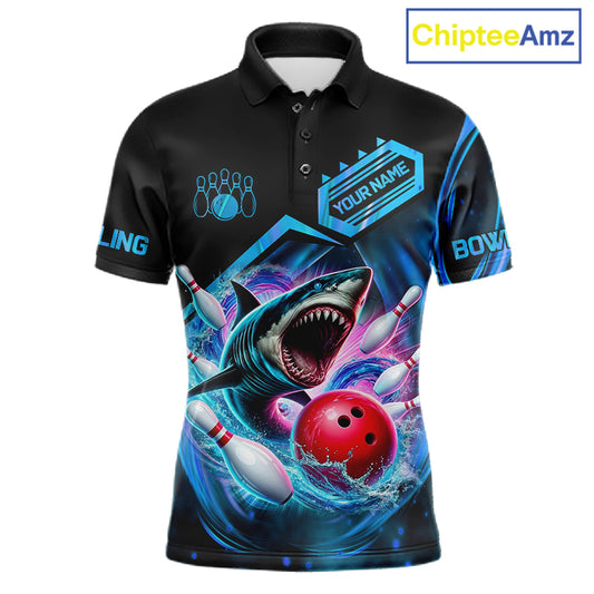 Personalized blue glowing shark bowling team jersey polo shirt for men featuring a glowing shark design, premium custom bowling league team apparel for tournaments and team play.