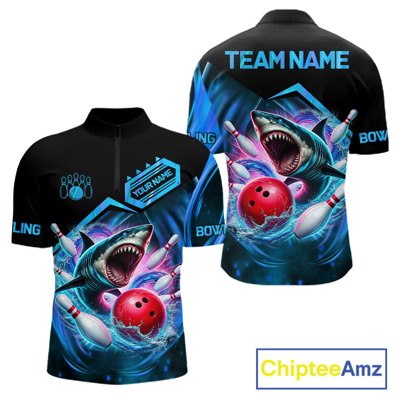 Personalized blue glowing shark bowling team jersey quarter zip shirt for men featuring vibrant glowing shark artwork, premium custom bowling apparel.