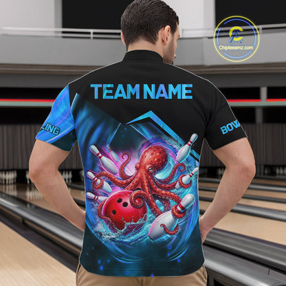 Man wearing personalized blue glowing octopus bowling team jersey quarter zip shirt featuring glowing octopus artwork, back view.