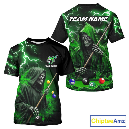 Green Grim Reaper Billiard T-Shirt For Men Custom Thunder Lightning 8 Ball Pool Team Jersey TDM2920