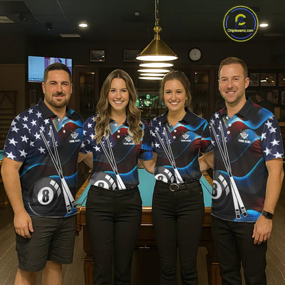 Glowing American Flag 8 Ball Pool Billiard Shirt For Women Custom Patriotic Billiard Team Jersey TDM5658