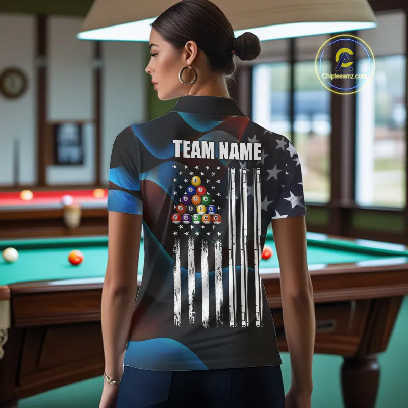 Glowing American Flag 8 Ball Pool Billiard Shirt For Women Custom Patriotic Billiard Team Jersey TDM5658
